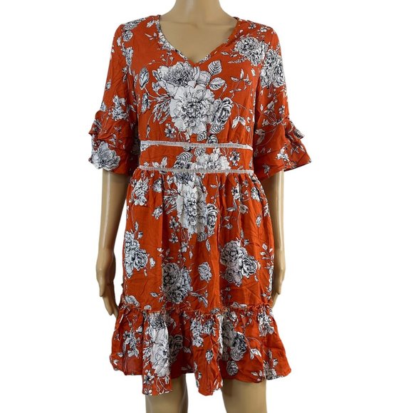 Women Boho Dress Medium M Orange White Floral Hem Ruffled Backless Elastic Waist - Picture 5 of 16